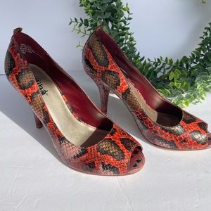 Diba Orange Snakeskin Peep Toe Heels